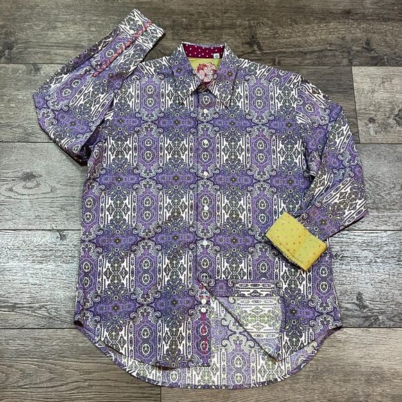 Robert Graham Purple Multicolor Paisley Long Sleeve Shirt Flip Cuff Men's Large